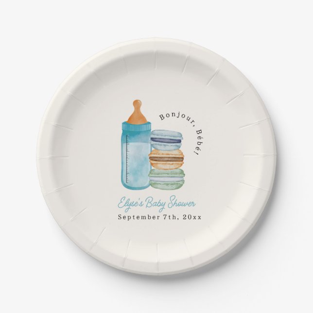 Bonjour Bébé Blue Macarons & Milk Boy Baby Shower Paper Plate (Front)