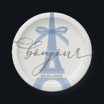 Bonjour Bébé Blue Paris Eiffel Baby Shower Paper Plate<br><div class="desc">Featuring soft dusty tones,  a gentle blue bow,  an elegant Eiffel Tower illustration,  and graceful script,  this disposable plate design pairs perfectly with any Parisian or coquette-themed celebration. Host an exceptional Paris-themed baby shower with our collection of matching stationery & decor!</div>