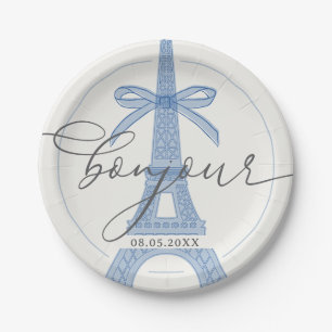 Bonjour Bébé Blue Paris Eiffel Baby Shower Paper Plate