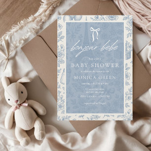 Bonjour Bebe Blue Toile French Boy Baby Shower Invitation