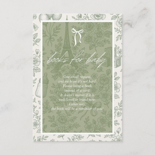 Bonjour Bebe Books for Baby Sage Green French Jouy Enclosure Card (Front)