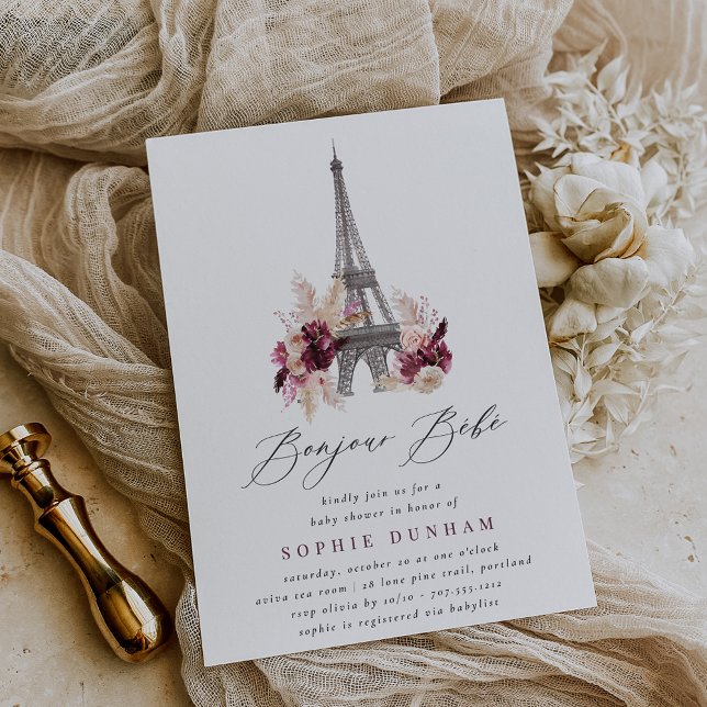 Bonjour Bébé Burgundy Floral Paris Baby Shower Invitation (Creator Uploaded)