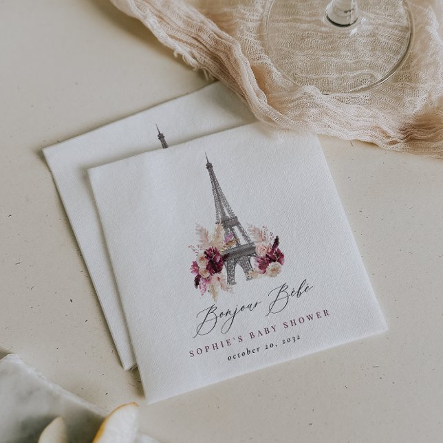 Bonjour Bébé Burgundy Floral Paris Baby Shower Napkin (Creator Uploaded)
