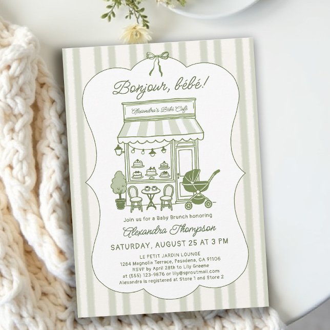 Bonjour Bebe Coffee Brunch Brewing Baby Shower Invitation (baby shower brunch invitation coffee theme brewing olive green bistro hand drawn paris bistro)