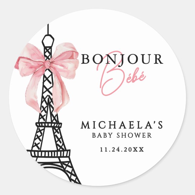 Bonjour Bébé Coquette Bow Paris Baby Shower Classic Round Sticker (Front)