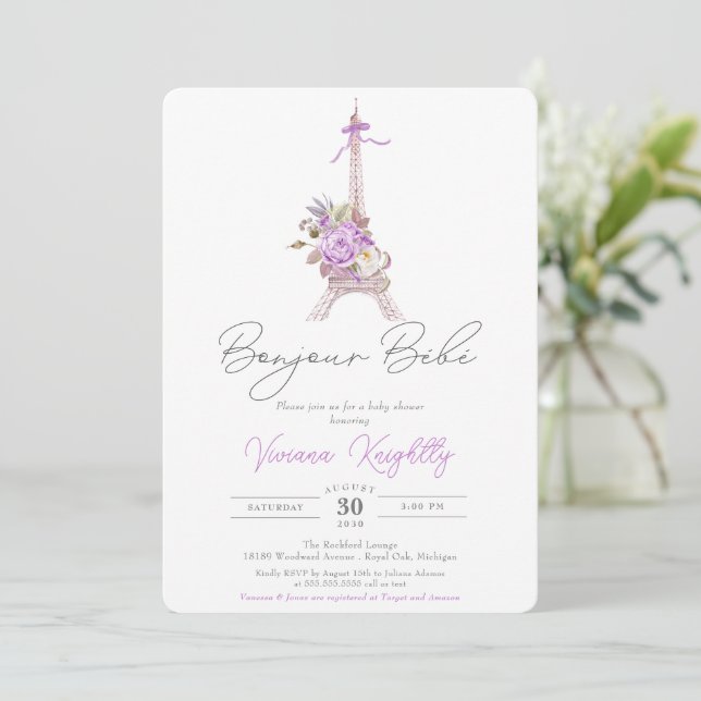 Bonjour Bebe, Floral Eiffel Paris Baby Shower Invitation (Standing Front)