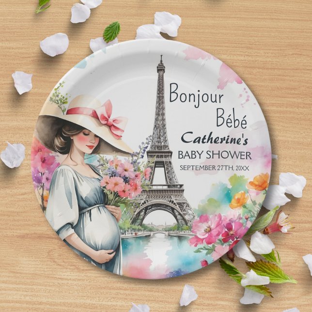 Bonjour Bebe Floral Eiffel Tower Paris Baby Shower Paper Plate (Creator Uploaded)