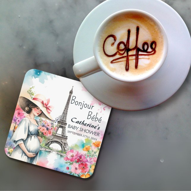 Bonjour Bebe Floral Eiffel Tower Paris Baby Shower Square Paper Coaster (Creator Uploaded)