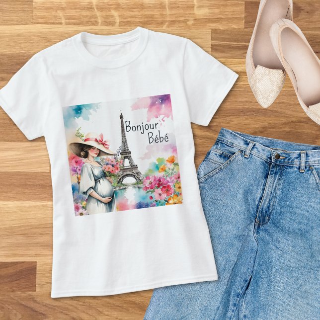 Bonjour Bebe Floral Eiffel Tower Paris Mum To Be T-Shirt (Creator Uploaded)
