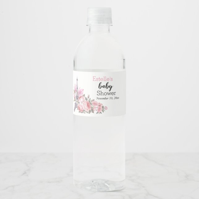 Bonjour Bebe | Floral French Baby Shower Water Bottle Label (Front)