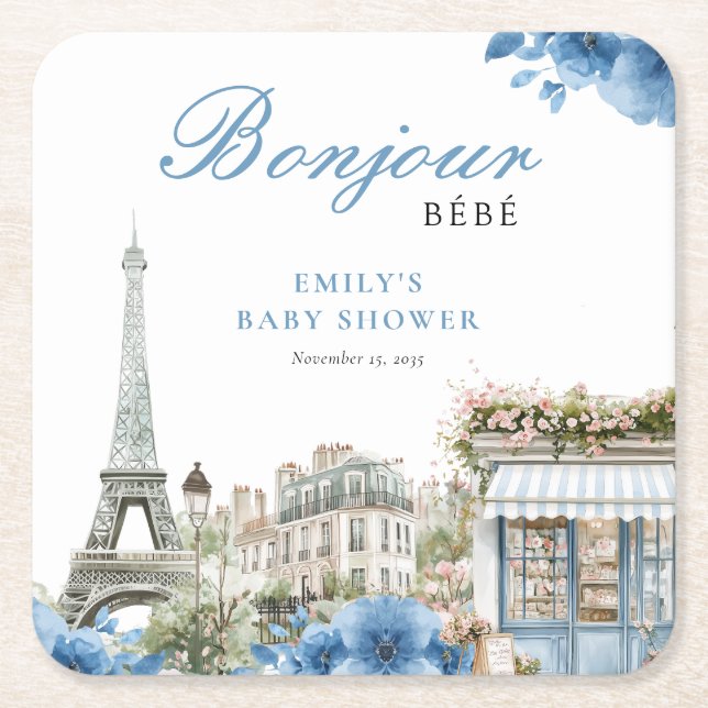 Bonjour Bebe French Blue Baby Shower Square Paper Coaster (Front)