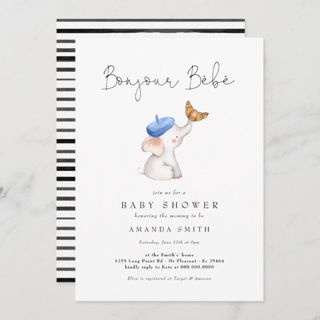 Bonjour Bebe French Elephant Baby Boy Shower Invitation (Front/Back)