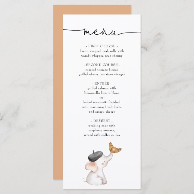 Bonjour Bebe French Elephant Baby Shower Menu (Front/Back)