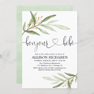 Bonjour Bebe French greenery gold gender neutral Invitation