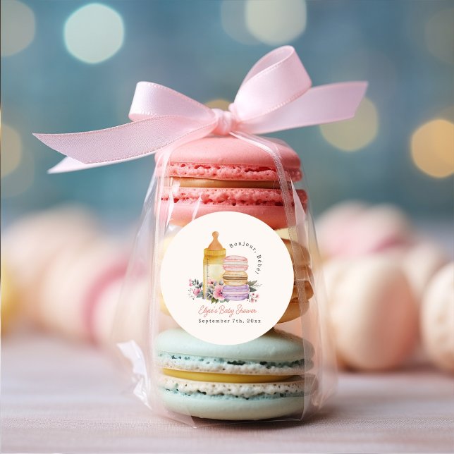Bonjour Bébé French Macarons & Milk Baby Shower Classic Round Sticker (Creator Uploaded)