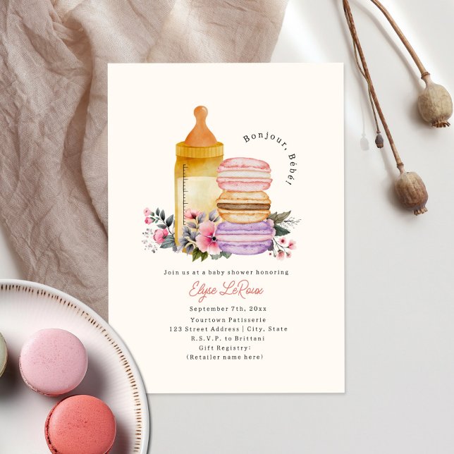 Bonjour Bébé French Macarons & Milk Baby Shower Invitation (Creator Uploaded)