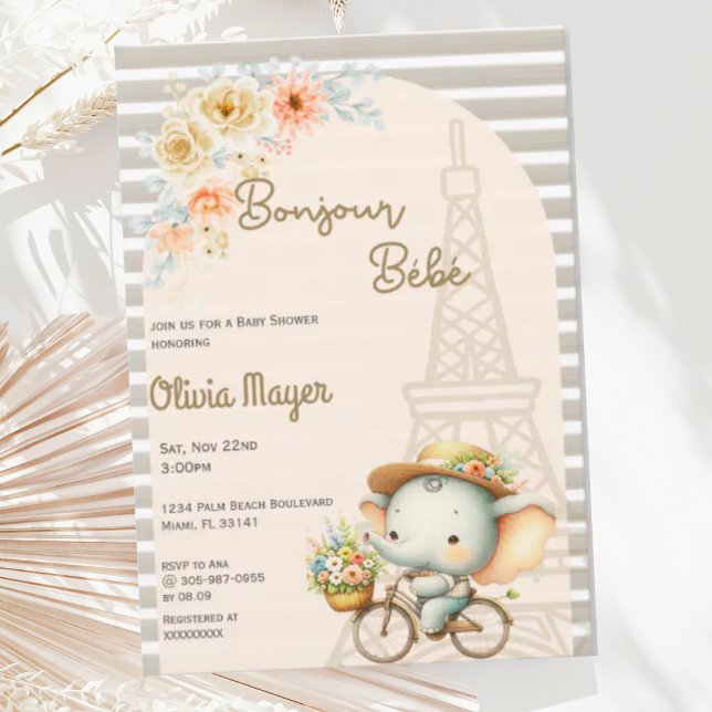 Bonjour Bebe French Paris Elephant Baby Shower Invitation (Creator Uploaded)