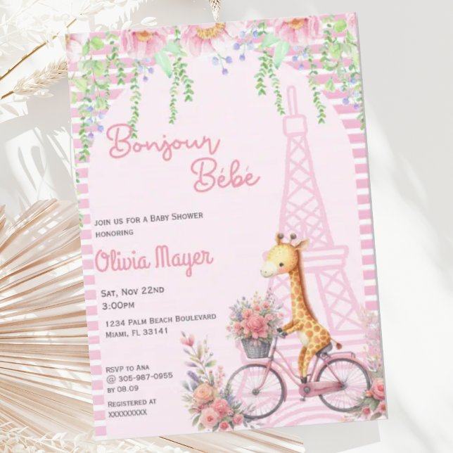 Bonjour Bebe French Paris Pink Giraffe Baby Shower Invitation (Creator Uploaded)