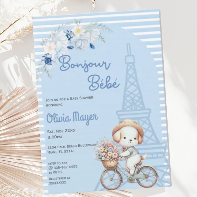 Bonjour Bebe French Paris Puppy Dog Baby Shower Invitation (Creator Uploaded)