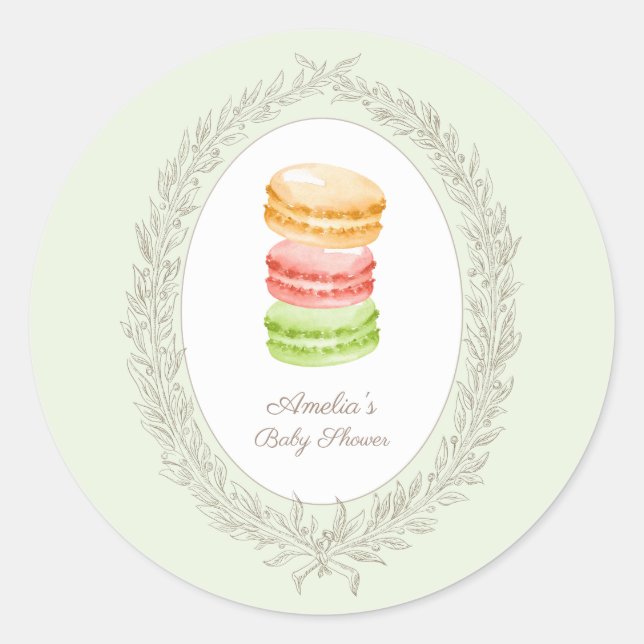 Bonjour Bebe French Patisserie Macaroons Green Classic Round Sticker (Front)