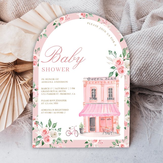 Bonjour Bebe French Pink Parisian Cafe Baby Shower Invitation (Creator Uploaded)