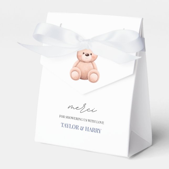 Bonjour Bebe French Watercolor Bear Baby Shower Favour Box (Front Side)