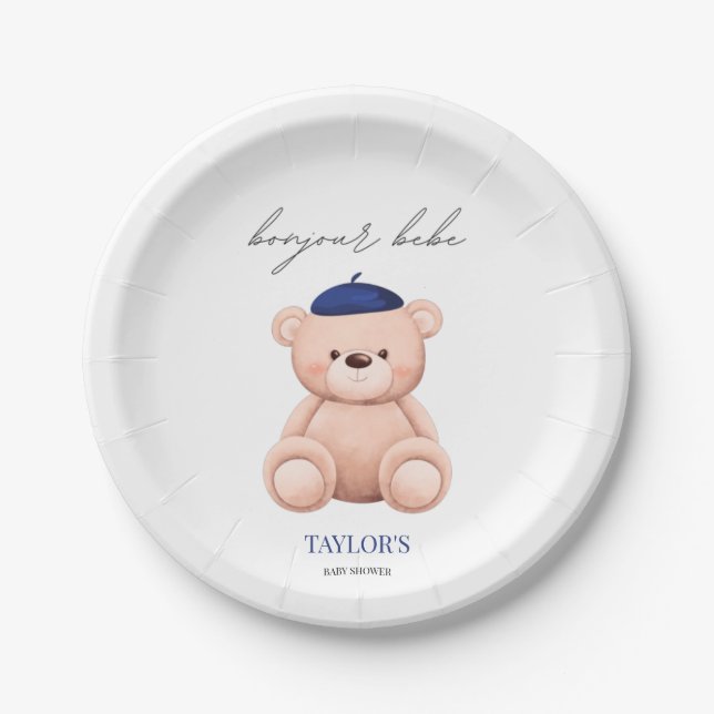 Bonjour Bebe French Watercolor Bear Baby Shower Paper Plate (Front)