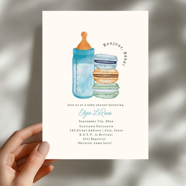 Bonjour Bébé Macarons & Milk Blue Baby Shower Invitation (Creator Uploaded)