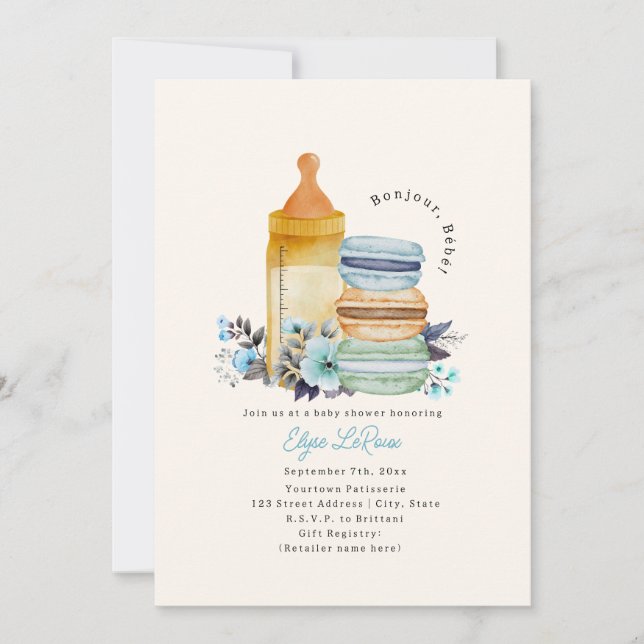 Bonjour Bébé Macarons Milk Floral Blue Baby Shower Invitation (Front)
