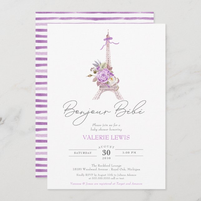 Bonjour Bebe Paris Eiffel Purple Floral Shower Invitation (Front/Back)