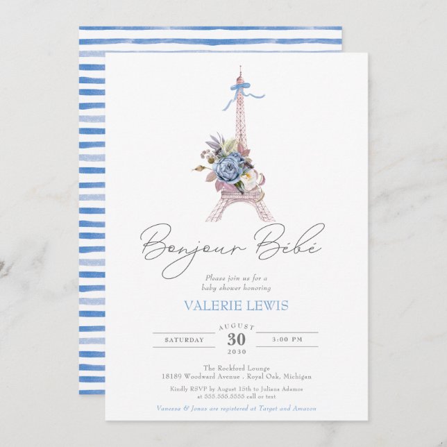 Bonjour Bebe Paris French Blue Eiffel Baby Shower Invitation (Front/Back)