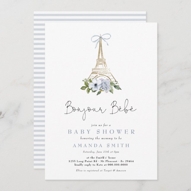 Bonjour Bebe Paris French Blue Eiffel Baby Shower Invitation (Front/Back)