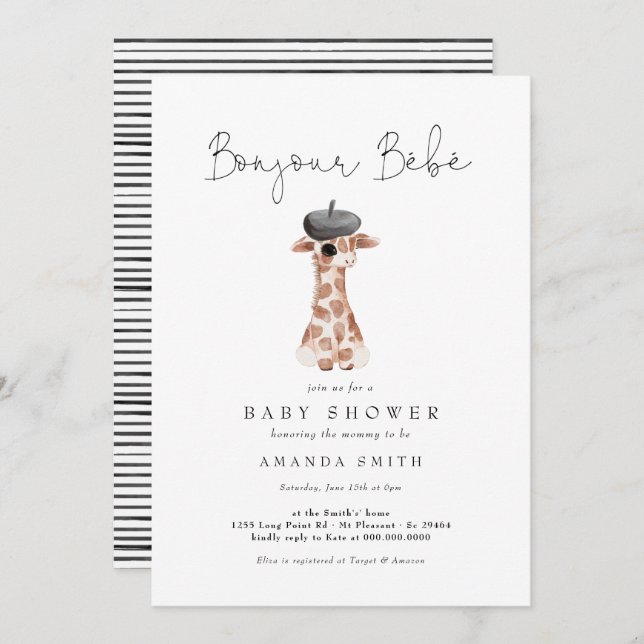 Bonjour Bebe Paris French Giraffe Baby Shower Invitation (Front/Back)