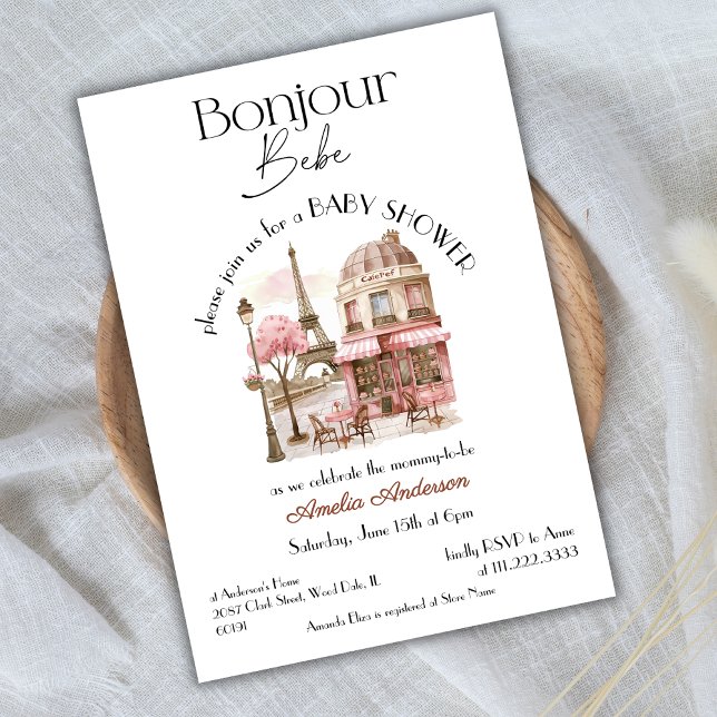 Bonjour Bebe Paris French Pink Cafe Baby Shower Invitation (Creator Uploaded)