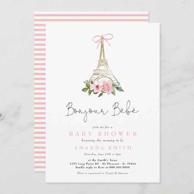 Bonjour Bebe Paris French Pink Eiffel Baby Shower Invitation (Front/Back)
