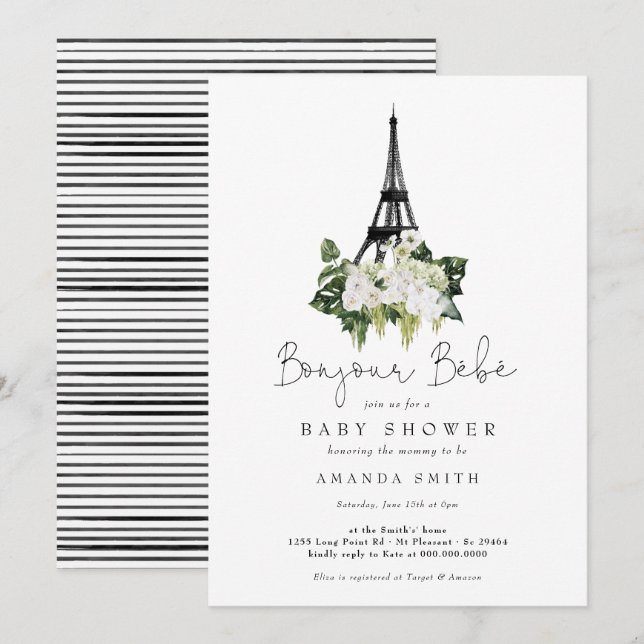 Bonjour Bebe Paris French White Floral Baby Shower Invitation (Front/Back)