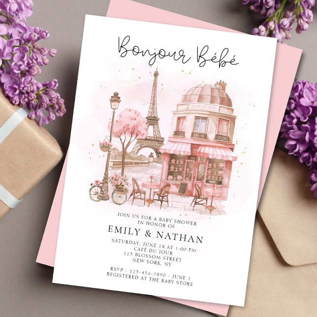 Bonjour Bébé Parisian Café Pink Baby Shower Invitation (Creator Uploaded)