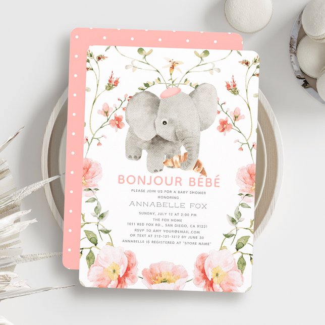 Bonjour Bébé Pink Beret Elephant Baby Shower Invitation (Creator Uploaded)