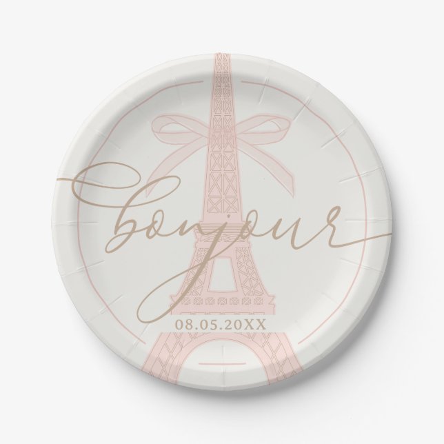 Bonjour Bébé Pink Paris Eiffel Baby Shower Paper Plate (Front)