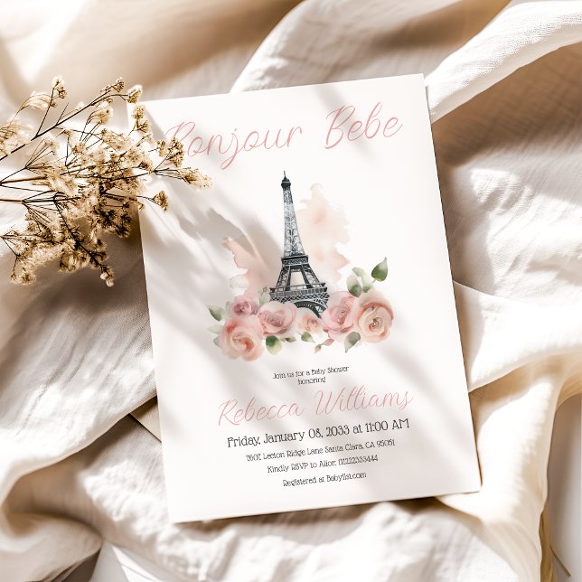 Bonjour Bebe Pink Paris Floral Girl Baby Shower Invitation (Creator Uploaded)