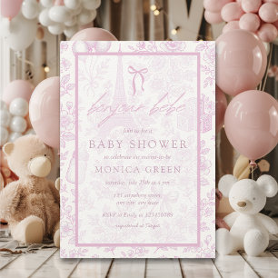 Bonjour Bebe Pink Toile French Girl Baby Shower Invitation
