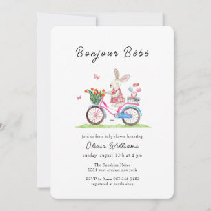 Bonjour Bébé Rabbit Bicycle Macarons Baby Shower  Invitation