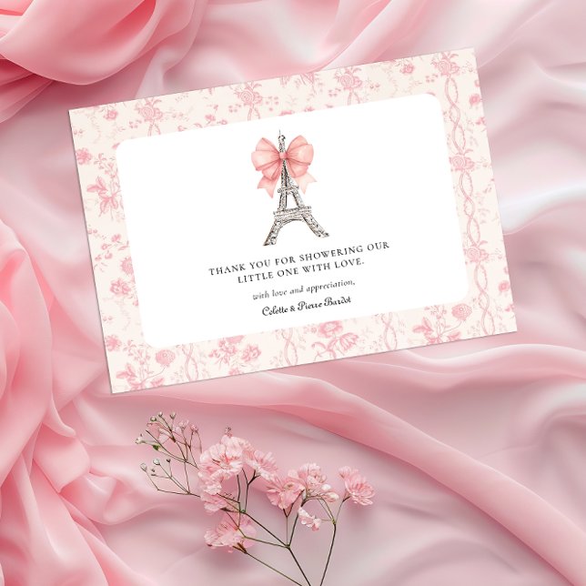 Bonjour Bebe Romantic Pink French Thank You Card  (Bon Jour Bebe French Baby Shower Thank You Card )