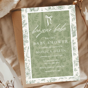 Bonjour Bebe Sage Green Toile French Baby Shower Invitation