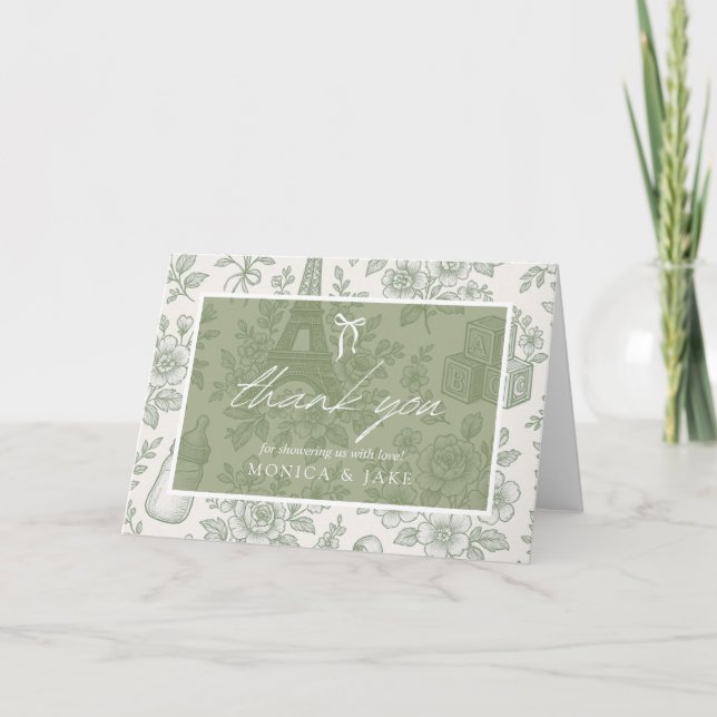 Bonjour Bebe Sage Green Toile French Baby Shower Thank You Card (Front)