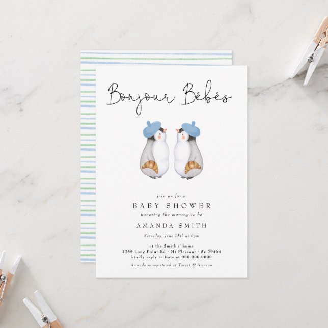 Bonjour Bebes French Penguin Twins Baby Shower  Invitation (Front/Back In Situ)