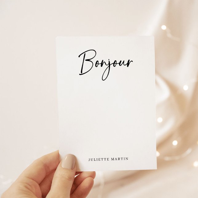 Bonjour | Black and White Elegant French Script Card (An elegant French style note card that says "Bonjour" in modern script)
