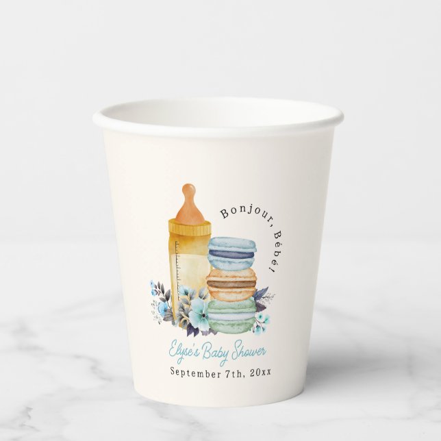 Bonjour Blue Macarons & Milk Boy Baby Shower Paper Cups (Front)