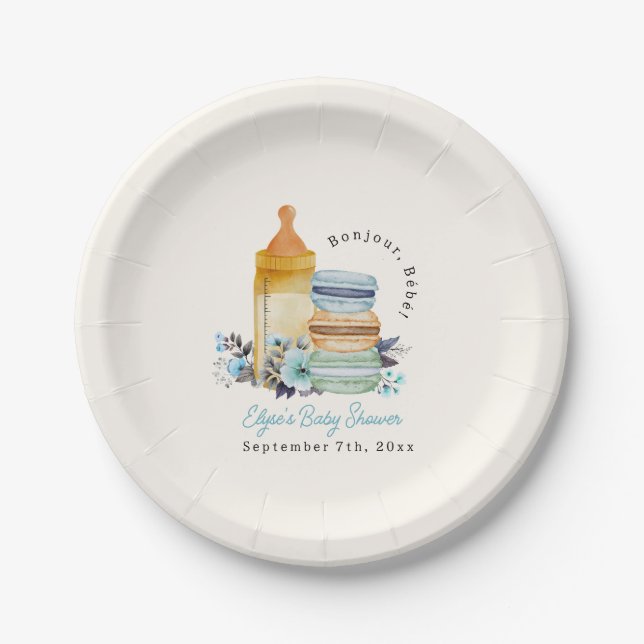 Bonjour Blue Macarons & Milk Boy Baby Shower Paper Plate (Front)