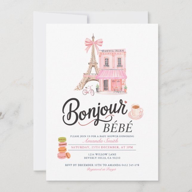 Bonjour Blush Pink French Baby Shower Invitation (Front)